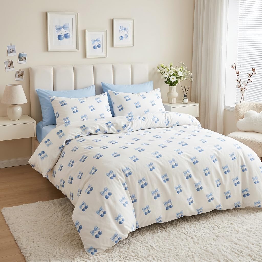 Sedefen Blue Cherry Duvet Cover Set, Light Blue Bow Bedding Set for Kids Boys Girls, Cute Cherry Soft Microfiber Reversible Duvet Cover for All Seasons