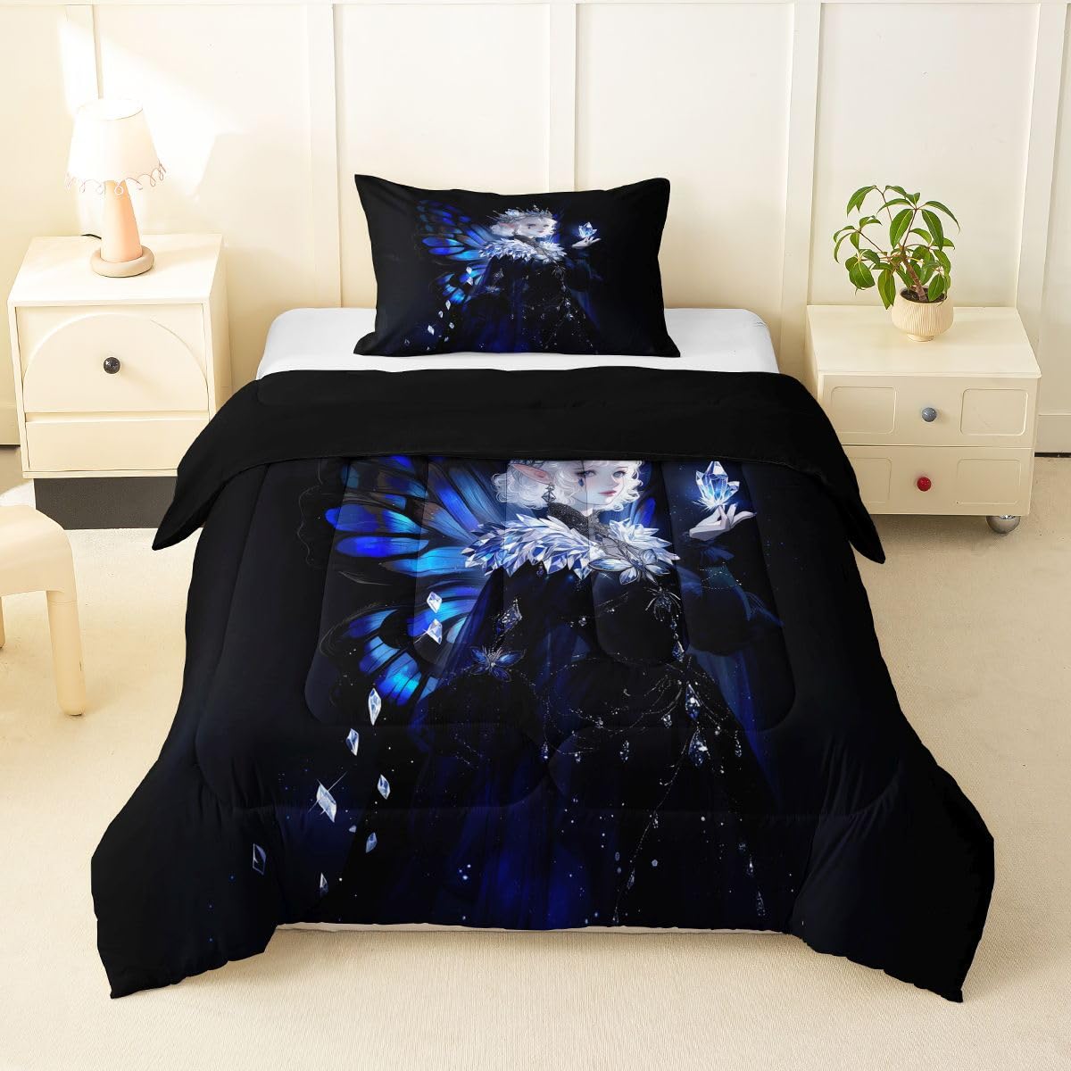 Erosebridal Gothic Girls Comforter Set for Kids Boys Girls A Girl Wearing A Crown Bedding Butterfly Diamond Feather Print Duvet Set Coquette Princess Comforter Twin with 1 Pillowcase