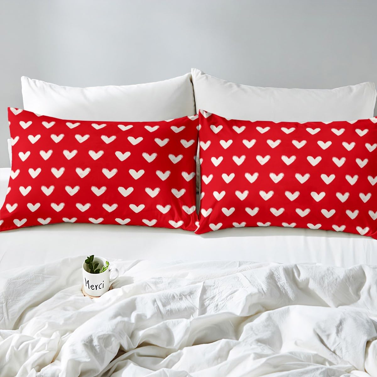 Red White Bed Sheets Full Size Cute Heart Pattern Bedding Set for Kids Boys Girls Valentine Day Gift Fitted Sheet Cartoon Love Geometric Flat Sheet Love Heart Soft Warm Sheet Sets Bedroom Decor 4Pcs