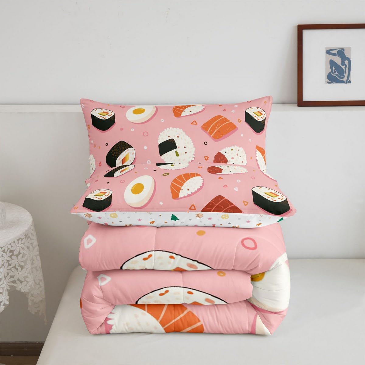 Erosebridal Cute Pink Sushi Comforter Set Queen Size,Japanese Food Bedding Set Sushi Gifts for Kids Girls Women,Funny Food Quilt Bed Set Cartoon Bed Comforter Sets with 2 Pillowcases Room Decor