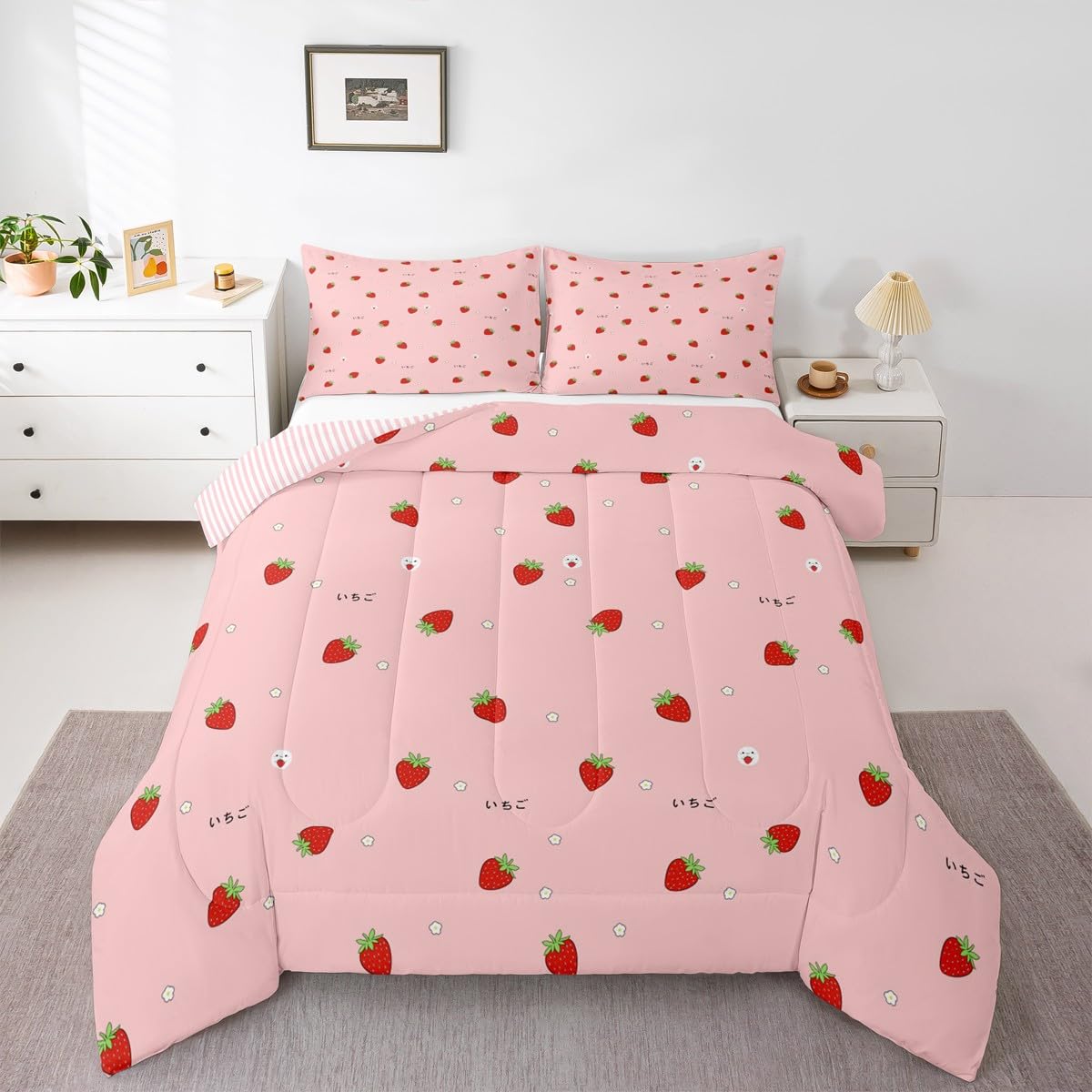 Erosebridal Cute Strawberry Comforter Set Queen Kawaii Japanese Bedding Set, Red Reversible Soft Sweet Cartoon Fruit Duvet Set for Girls Kids Gift Pink Warm Down Comforter Room Decor