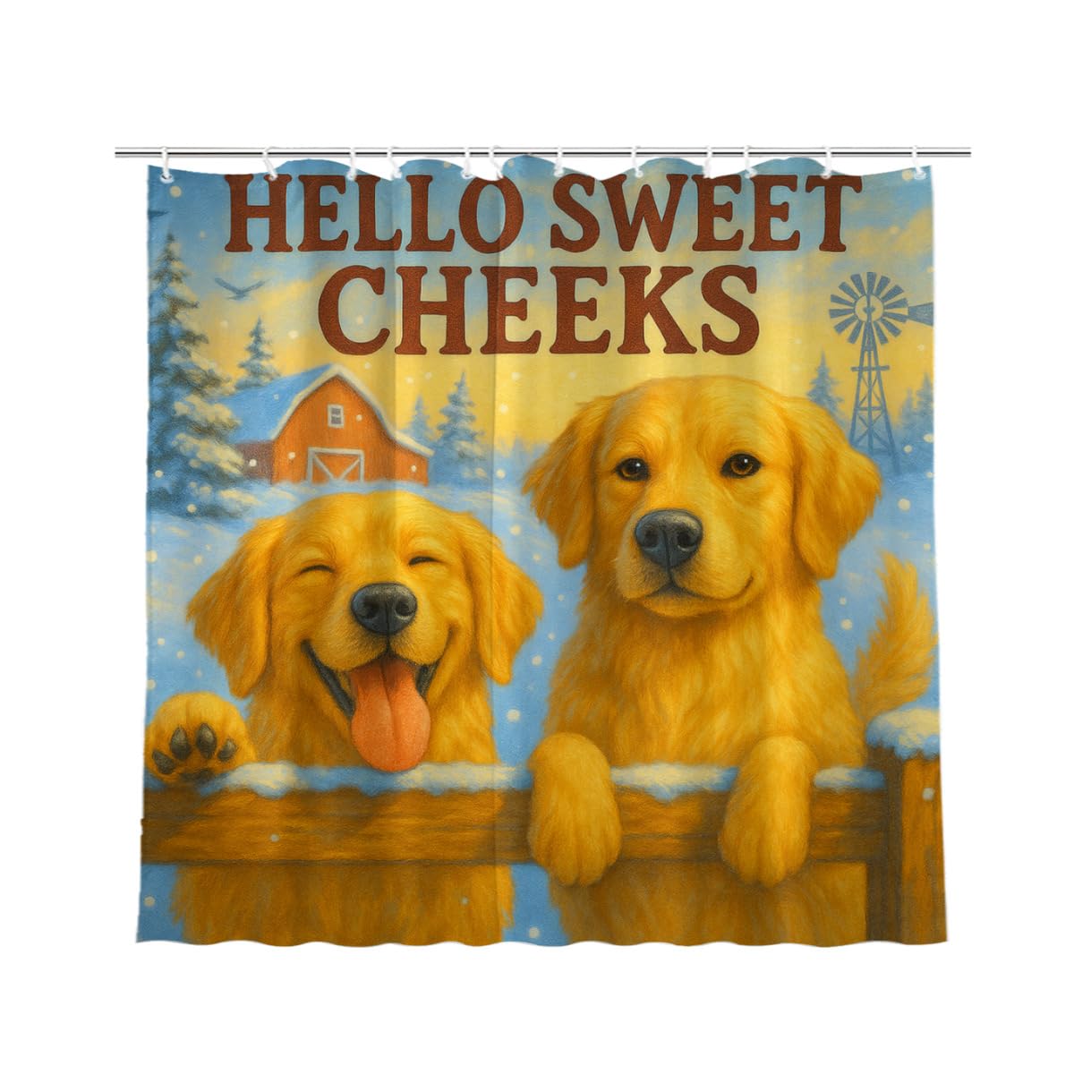 REZHOCH Shower Curtain Farm Funny Golden Retriever Durable Waterproof Fabric Bathtub Sets Cute Animals Winter Home Bathroom Decor Decoration Hello Sweet Cheeks 72x72inch with 12 Hooks