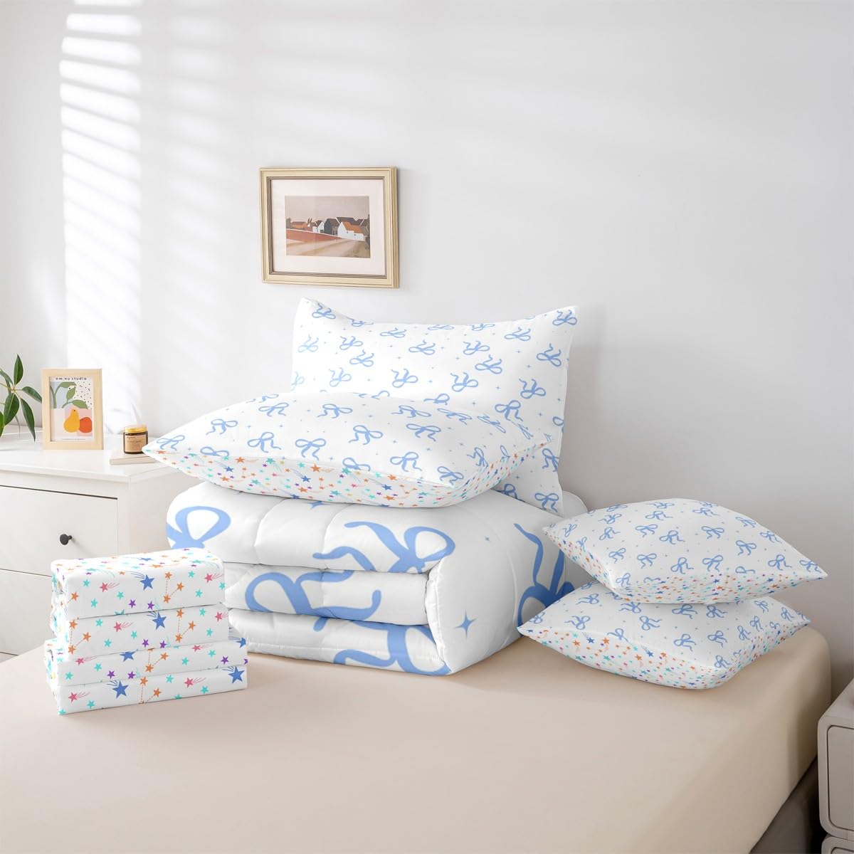 Erosebridal Blue Bow Comforter Set Twin Size (7 Pieces) | Teen Girl Cute Bow Bedding Set with Sheets Girly Trendy Bows Bed in A Bag with Flat and Fitted Sheets Preppy Modern Coquette Quilt Sets