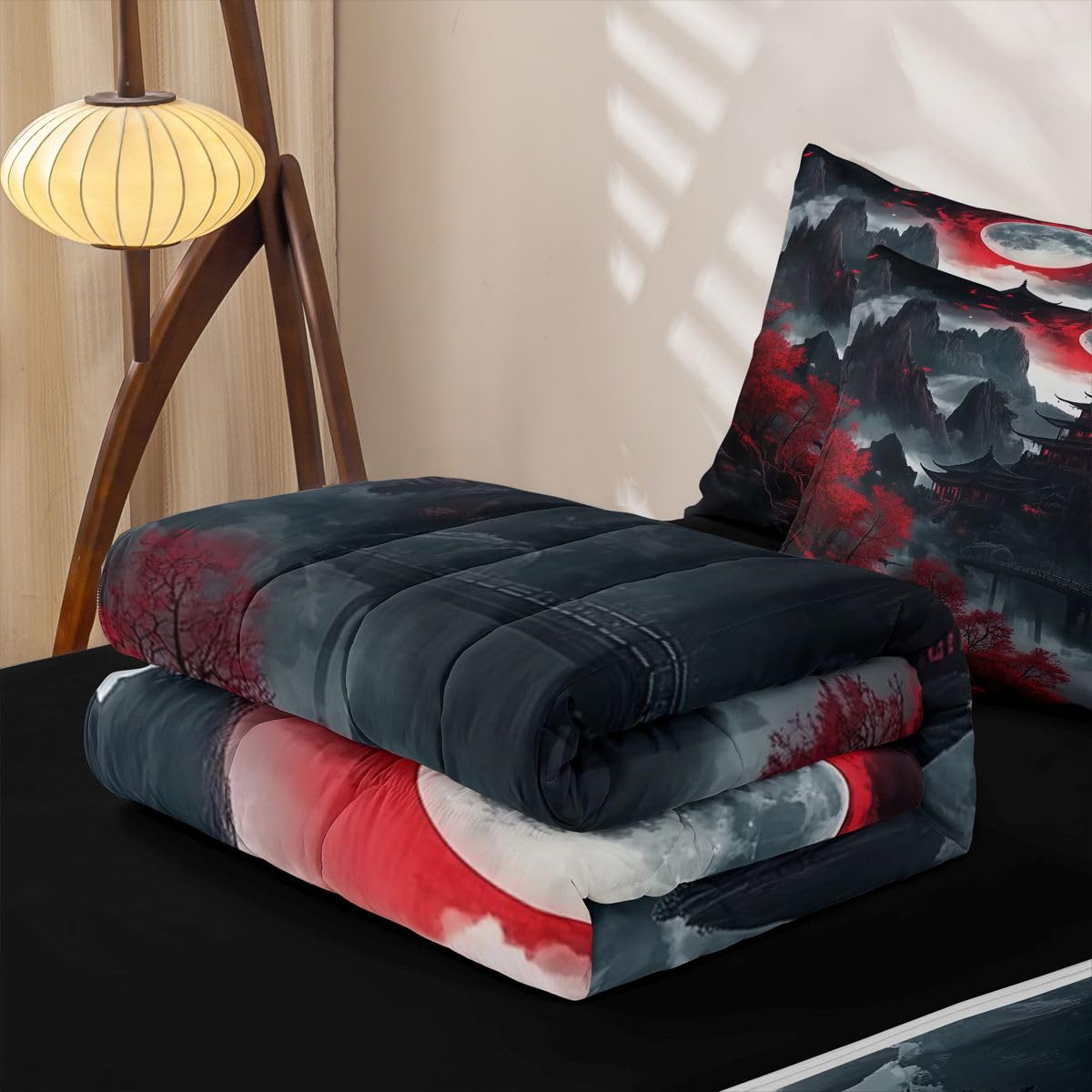 Erosebridal Japanese Anime Zipper Bedding Moon Cherry Blossom Twin Bed in a Bag Set for Boys Girls Teen Vintage Nature Mountain Kids Comforter Set with Fitted Sheet Red Black Zip Up Bedding