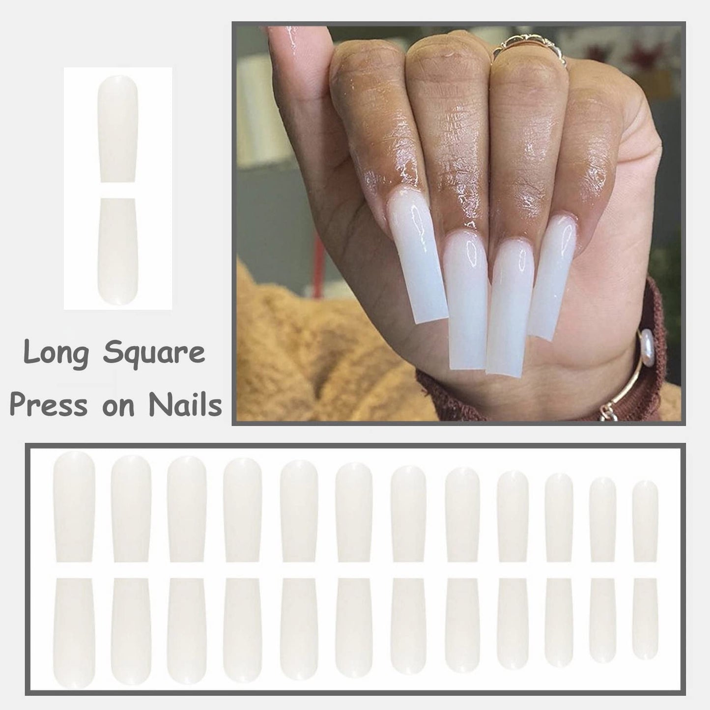 MISUD Press on Nails - Long Square Glue on Nails with White, Acrylic Solid Color Design 24 pcs