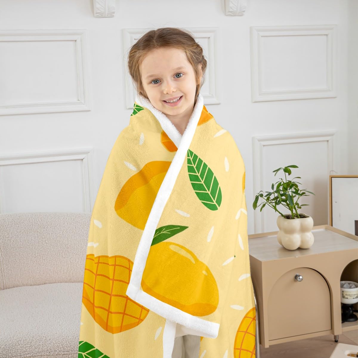 Feelyou Cartoon Mango Fleece Throw Blanket - Sweet Fruit Sherpa for Kids, Boys & Girls - Tropical Fruit Plush, Botanical Leaves Fuzzy Blanket for Sofa, Bed, Couch - Orange, Baby - 30x40 Inches