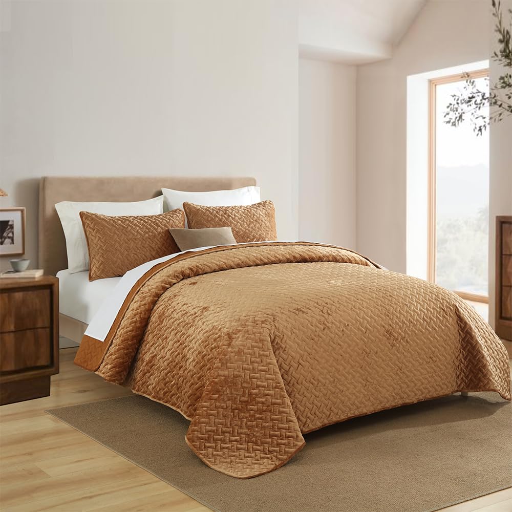 Liians Velvet Bedspread Quilt Bedding Sets,Luxury Elegant Ultra Soft Velvet Comforters Coverlet Blankets,Weave Stitching Pattern Cotton Quilted Bedspread for All Seasons,Taupe,King Size