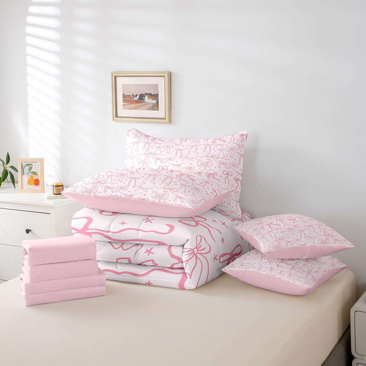 7 Pieces Pink Bowknot Kids Comforter Full,Cartoon Bow Tie Butterfly Knot Princess Girl Bedding Sets,Bow Star Love Pink Sweet Girly 1 Comforter 1 Fitted 1 Flat Sheet 2 Pillowcase,2 Throw Pillow Covers
