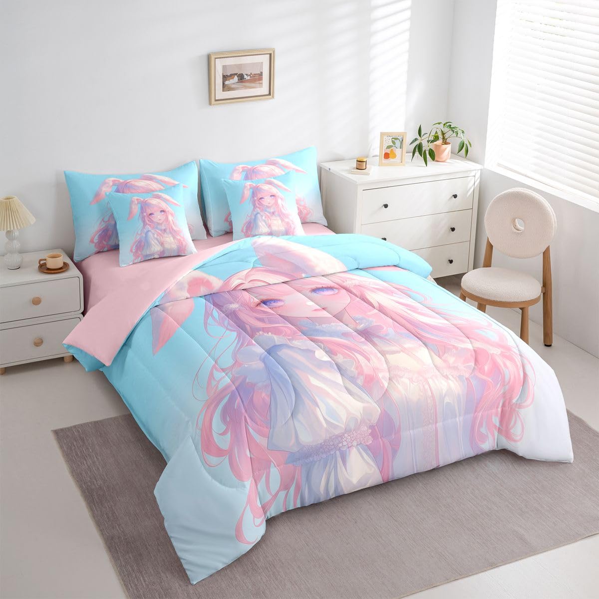 Erosebridal 3D Anime Girl Bedding Set,Japanese Girl Bed in A Bag Cartoon Anime Twin Comforter Set 7 Piece for Kids Teen Women Room Decor,Pink Kawaii Rabbit Doll Blue Bed Set