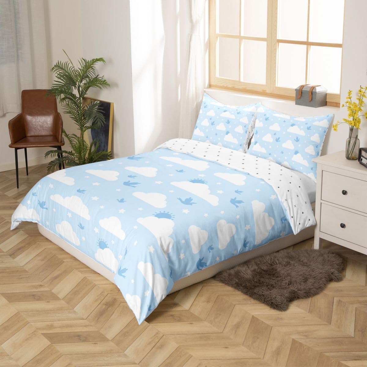 Erosebridal Cloud Duvet Cover Twin Star Pattern Bird Comforter Cover for Kids Teens Cartoon Cloud Sky Bedding Set Blue Sky and White Clouds Bed Set