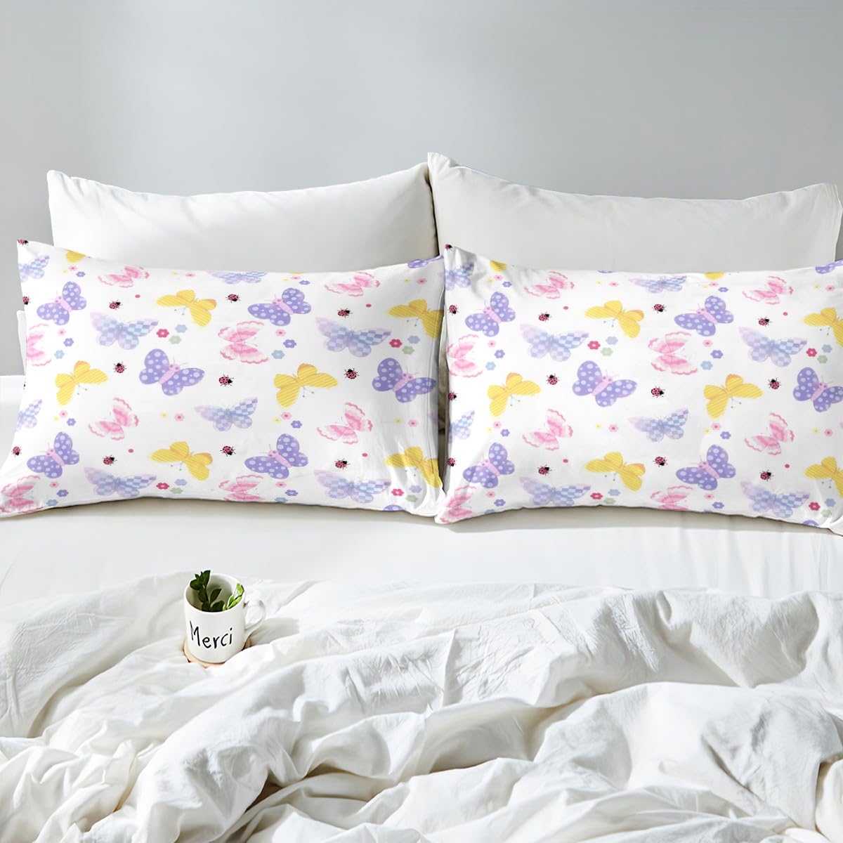 Feelyou Butterfly Fitted Sheet with 1 Pillowcase Twin Size Butterflies Printed Pattern Bed Sheets Set 16" Deep Pocket Boys Girls Purple Blue Checked Bedding Cute Flowers Teens Bedroom Decor