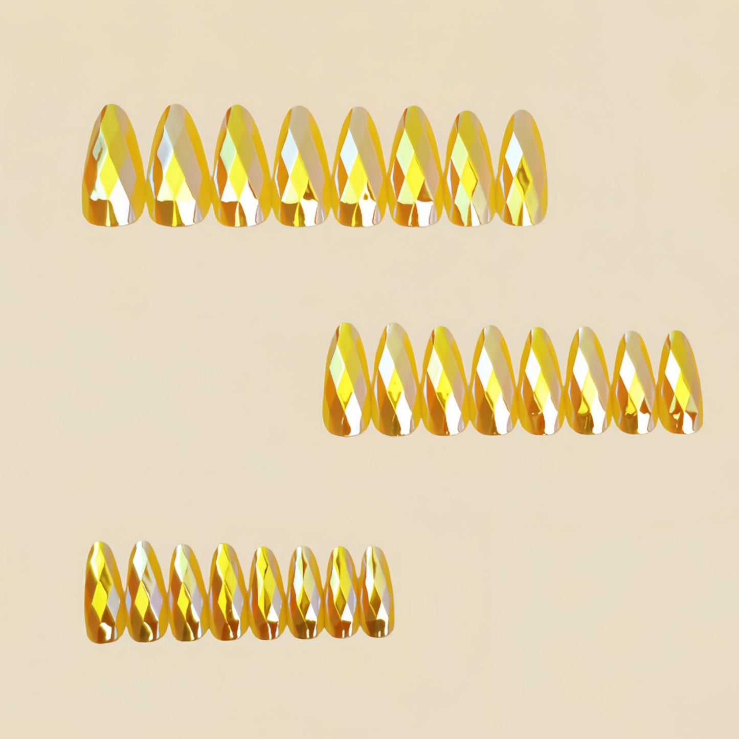 RUOKEXIN Almond Press on Nails Medium Length Fake Nails Gold Chrome False Nails with 3D Rhombus Designs Full Cover Nail Press ons Sparkly Artificial Nails for Women 24Pcs
