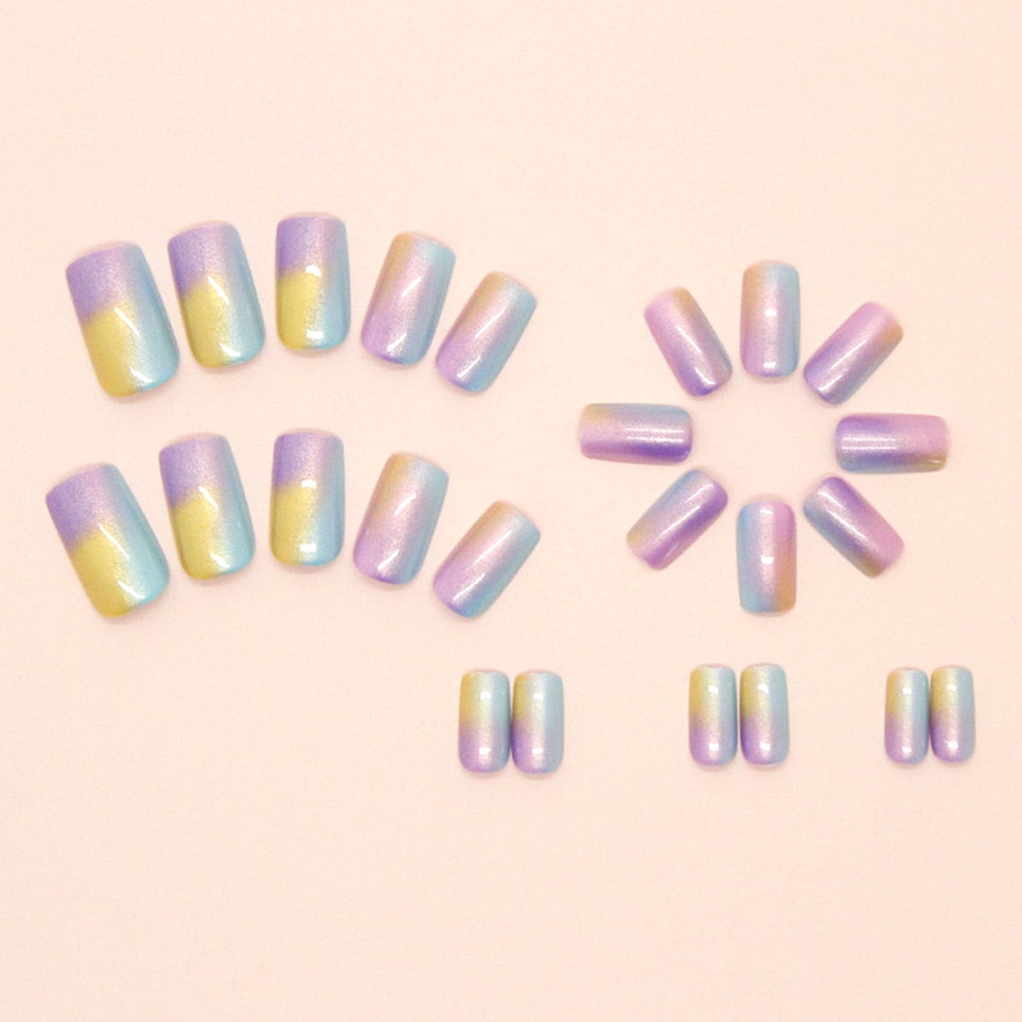 Medium Press on Nails Square Fake Nails with Purple Blue Yellow Gradient Design Acrylic Nail Press ons Full Cover Glossy Artificial Stick on Nail for Women 24Pcs