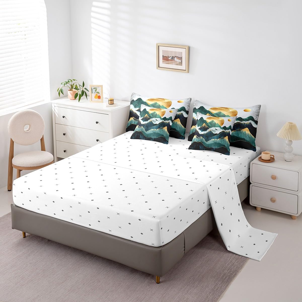 Erosebridal Smoky Mountain Comforter Set 7 Piece Bed in a Bag Twin,Gold Sun Bedding Sets Landscape Natural Scenery Art Sheet Set with Comforter,Mid Century Abstract Minimalism Bed Set
