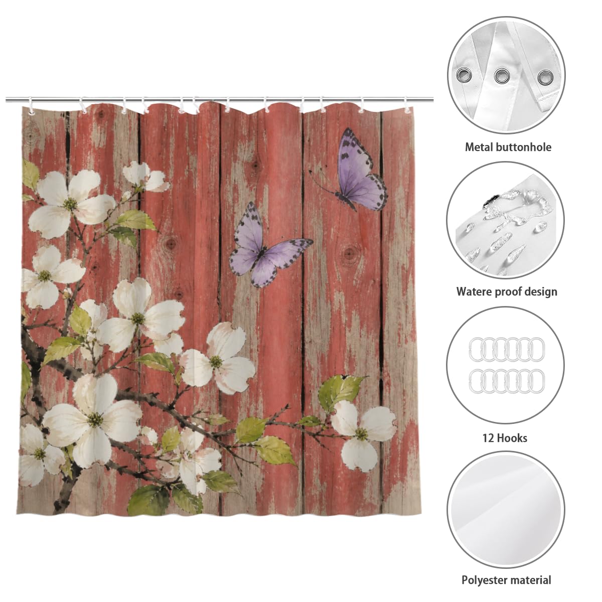 TopPacific White Blossom Red Wood Shower Curtain 72x72 Inch Shower Curtain with 12 Hooks Polyester White Blossoms Butterflies Red Wood Fence Bathroom Decor