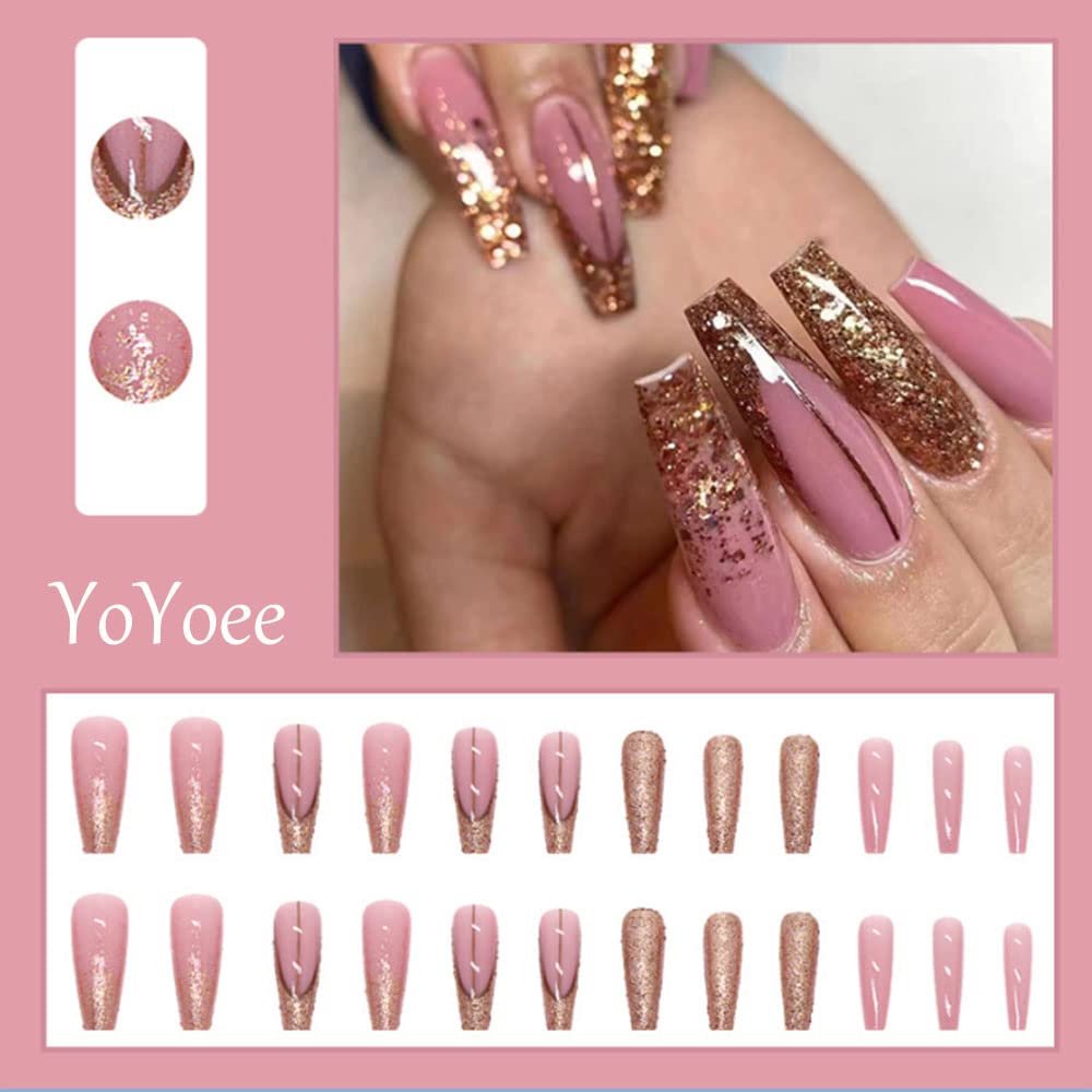 YoYoee Long Luxury False Nails Tips - Coffin Press on Nails Acrylics Full Cover Pink French Fake Nails Galaxy Nails Tips for Women and Girls 24Pcs