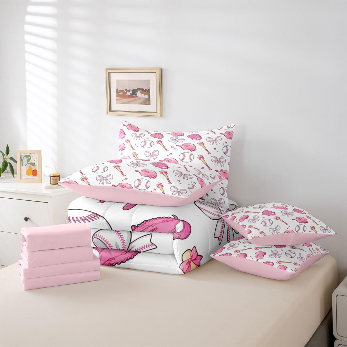 Castle Fairy Baseball Bow 7 Piece Comforter & Sheet Sets Full Size,Pink Bowknot Bedding Set Baseball Bat and Cap Bed in a Bag Cute Girly Sports Flat & Fitted Sheets,4 Pillow Covers