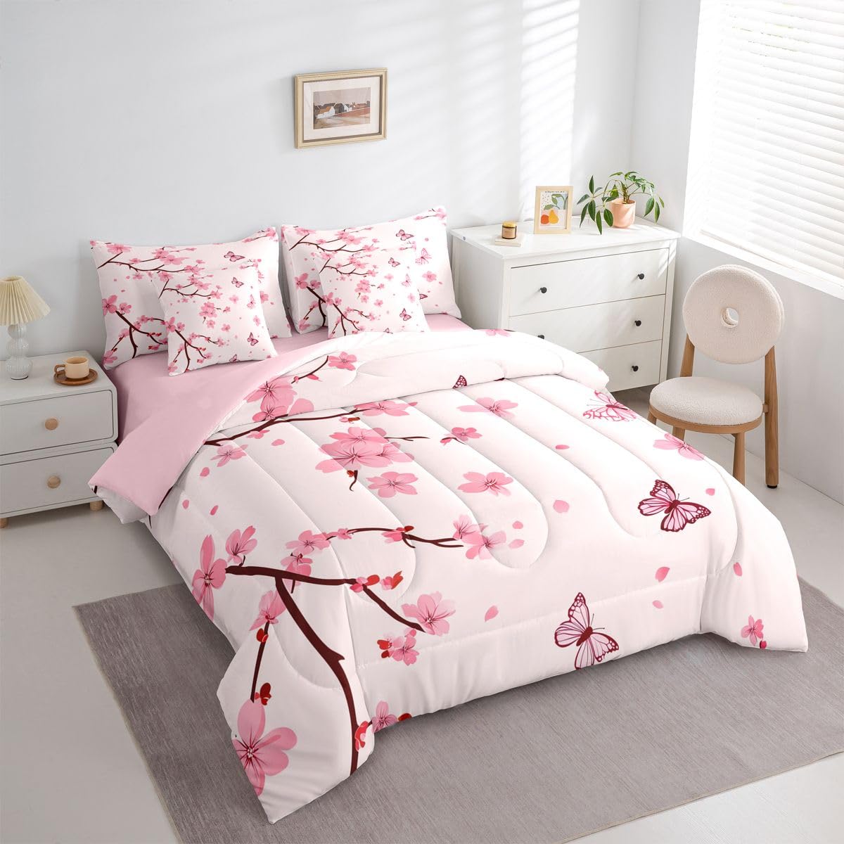Erosebridal Cherry Blossom Comforter Set Butterfly Bed in A Bag Queen Size 7 Pieces Botanical Floral Printed Bed Set Room Decor Japanese Style Romantic Theme Pink Bedding with Sheets
