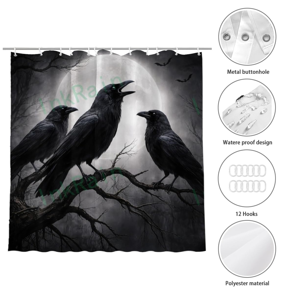 InkRain Gothic Raven Shower Curtain with 12 Hooks Full Moon Crow Halloween Bathroom Decor Dark Fantasy Waterproof Polyester Fabric Bath Curtain 70x84 Inch