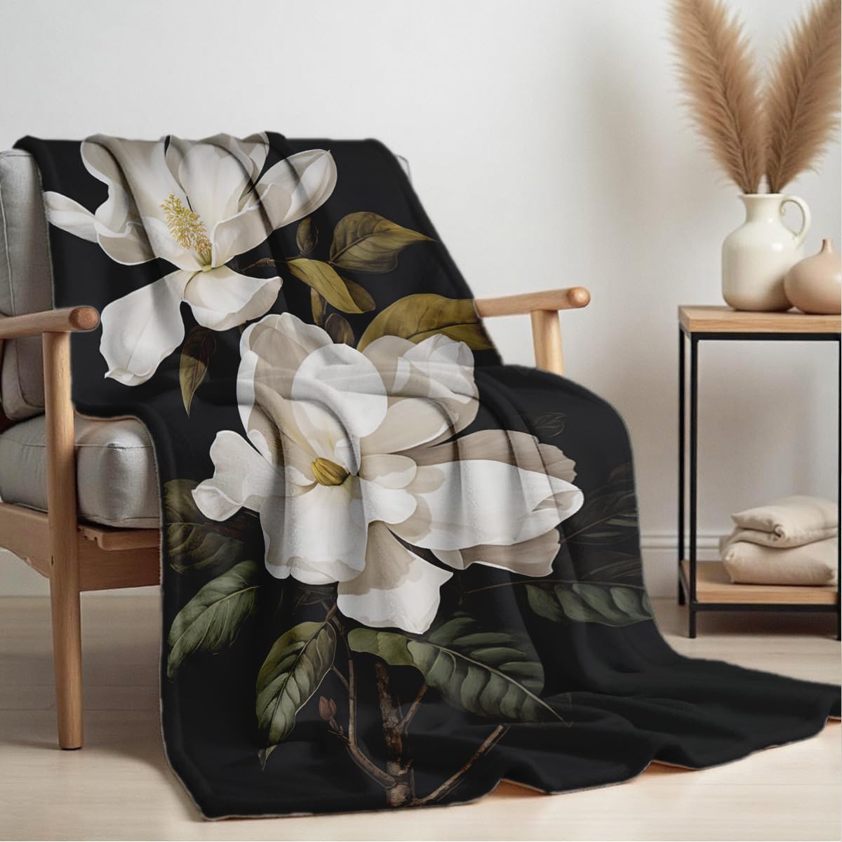 HUNXIAOJ Magnolia Print Blanket Black and White Throw Soft Magnolia Flannel Blanket Flower Bedding Decor Gifts Botanical Floral Throw for Bed Couch (59"x78")