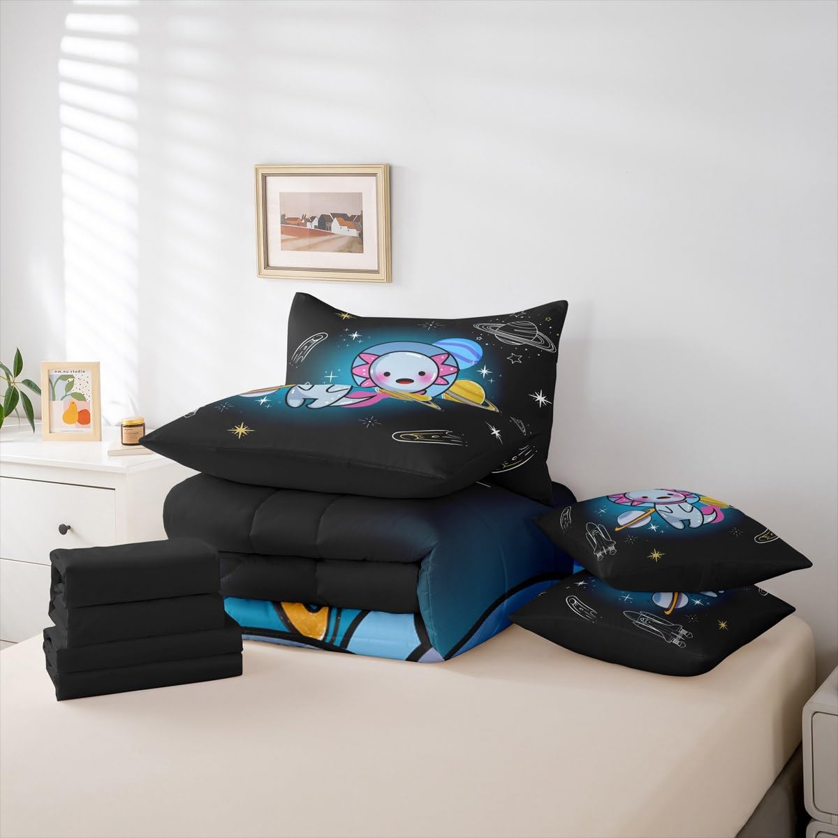 Erosebridal Space 7 Piece Bedding Set King Salamander Comforter Set with Sheets Axolotl Planet Rocket Meteor Helmet Bed in a Bag Stars Print Cute Cartoon Animal for Kids Boys Girls