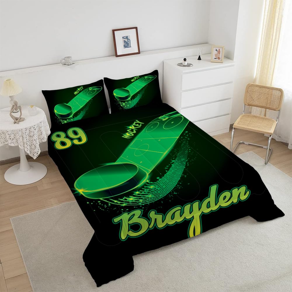 WAZARO Personalized Hockey Comforter Set, Hockey Bedding Twin Full Queen King, Hockey Blankets for Boys Ice Hockey Tapestry Down Comforters Hockey Bedroom Decor (Green Hockey Stadium)