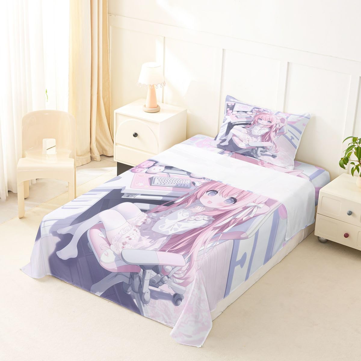 Erosebridal Kawaii E-Sports Girl Sheets Twin for Kids 3D Japanese Girl Sheet Set for Boys Girls Girly Gaming Bed Sheets Set Anime Gifts for Her Top Fitted Sheet Twin 3 Pieces