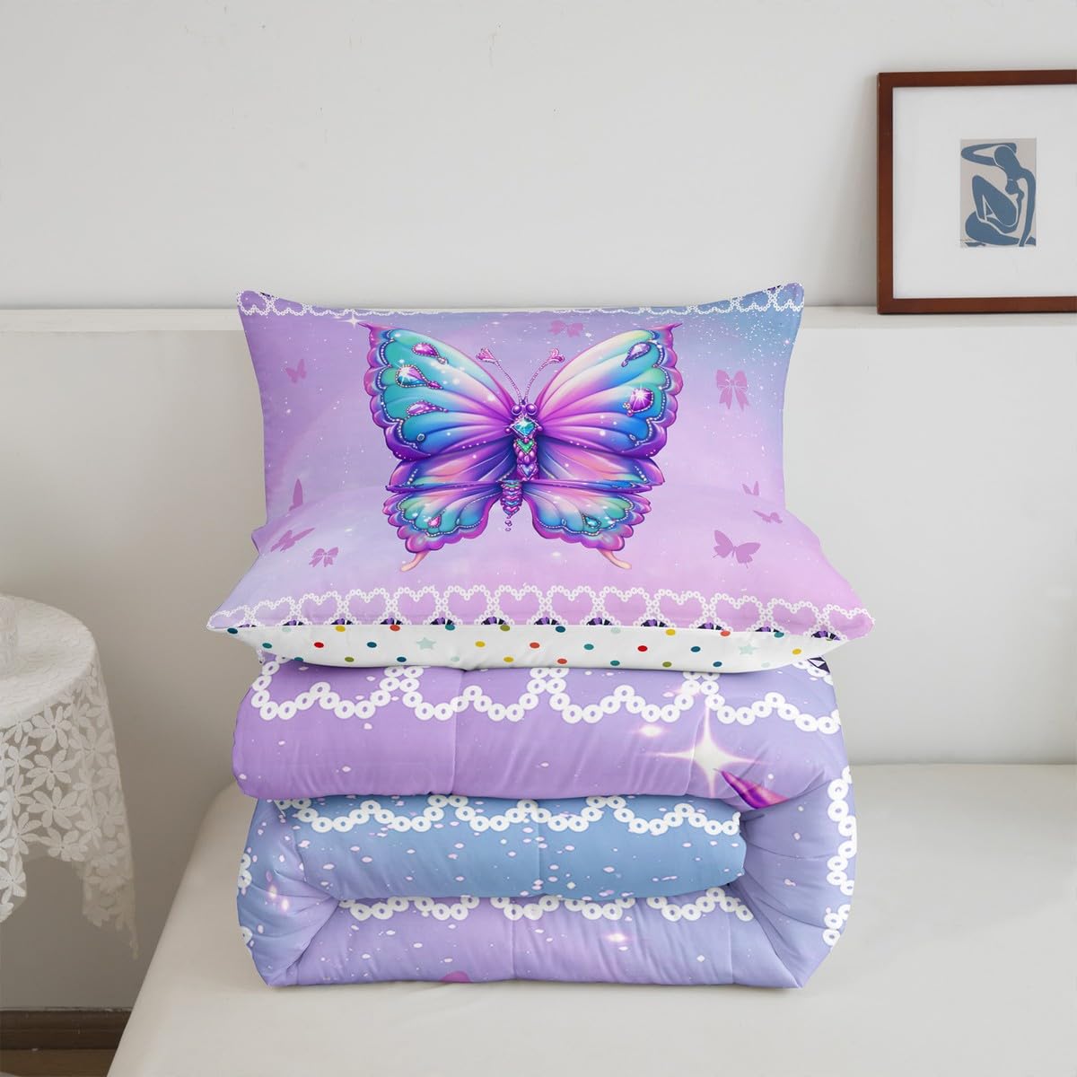 Erosebridal Butterfly Queen Size Bedding Set 3 Piece, Mermaid Scales Down Comforter for Kids Girls Women Room, Kawaii Love Heart Comforter Set, Dreamy Princess Maeine Life Quilt, Purple Blue