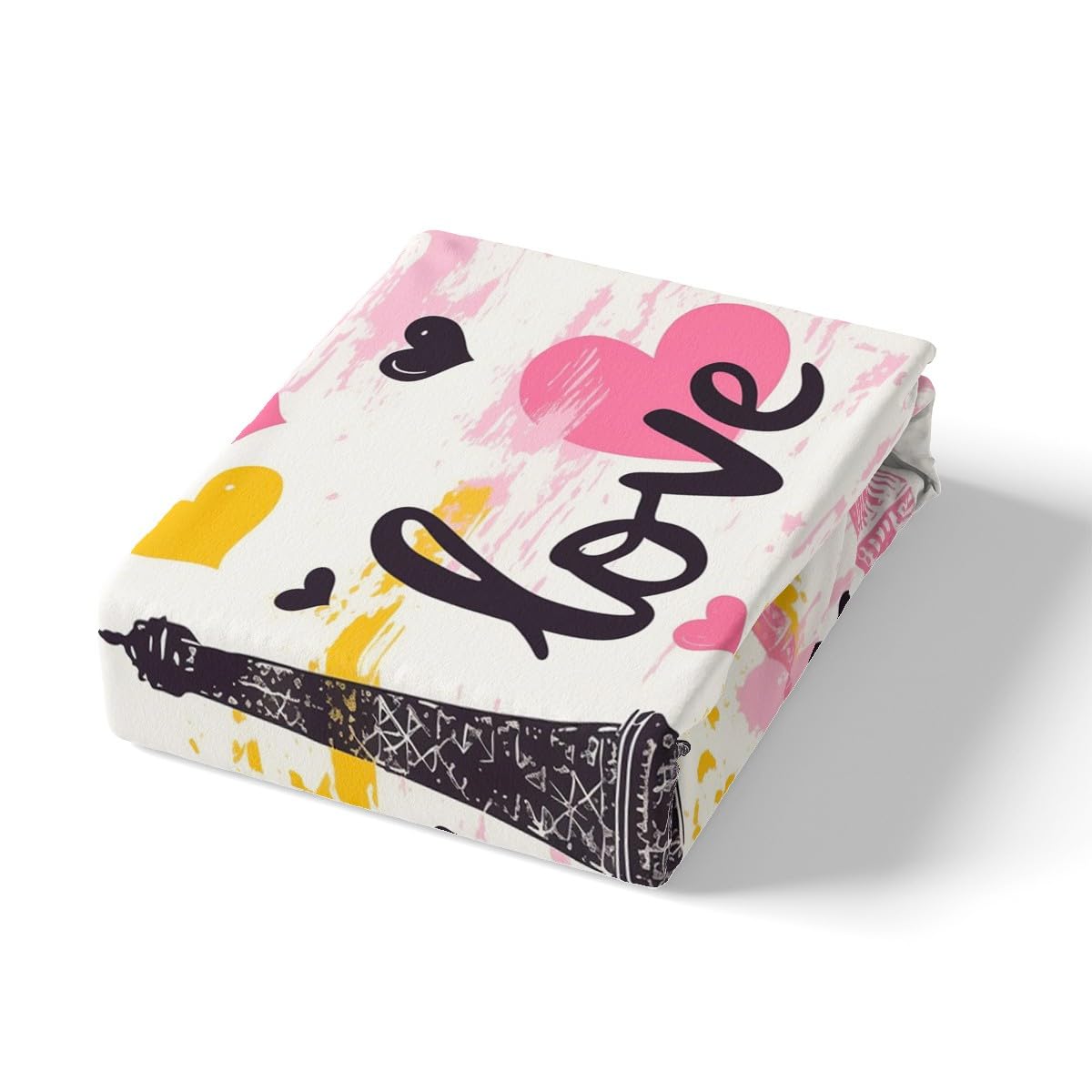 Eiffel Tower Fitted Sheet Full Size,Leopard Hearts Graffiti Bedding Set,Romantic Paris Bed Sheet 3 Pieces (No Flat Sheet),Modern Building Silhouette Deep Pocket Shee,2 Pillowcases