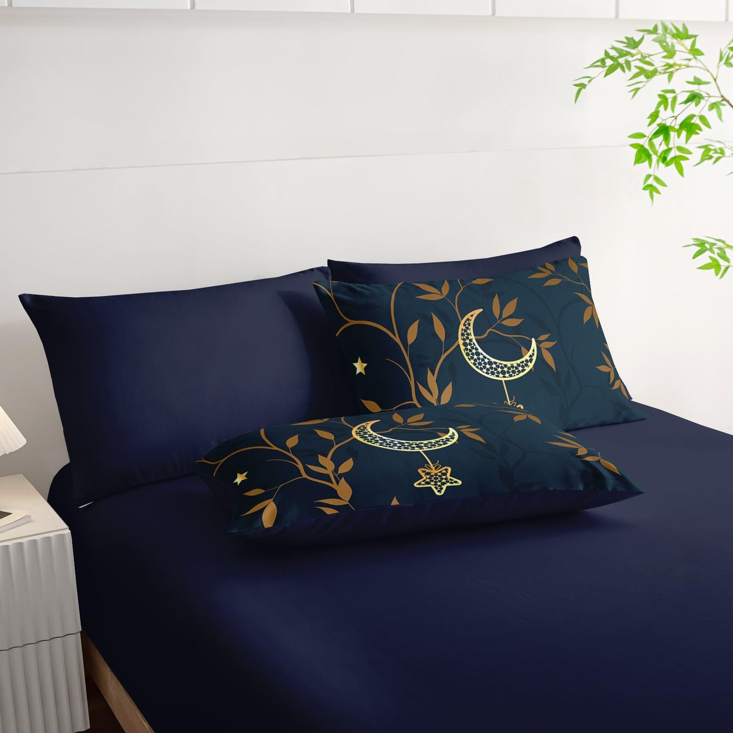 AILONEN Moon Comforter Set Full Size,7-Piece Navy Blue Gold Star Leaves Print Bedding Boho Bed in a Bag for Room Decor All Season Comforter & Fitted/Flat Sheet & 2 Pillowcases & 2 Shams