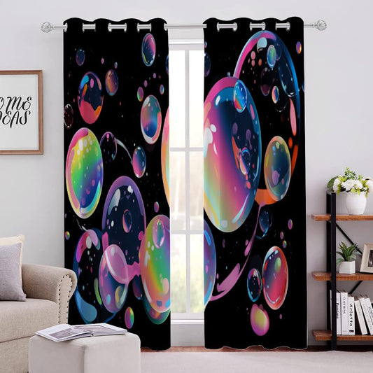 Colorful Bright Bubbles Blackout Curtains, Black Background 3D Print Thermal Insulated Drapes, 2 Panels Energy Efficient Curtains for Sliding Glass Door Bedroom Living Room(42" W x 63 "L)