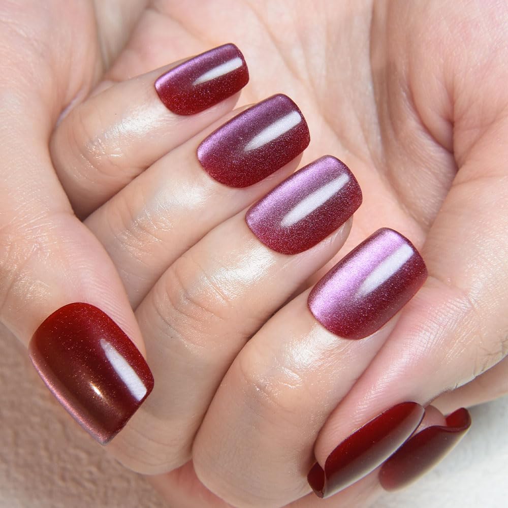 evpct Mauve Cat Eye Extra Short Square No Glue Press on Nails, Petite Short Square Stick on Nails for Women Gift, Glossy Holographic Fake Nails Reusable Press on Acrylic Fake Nail with Designs