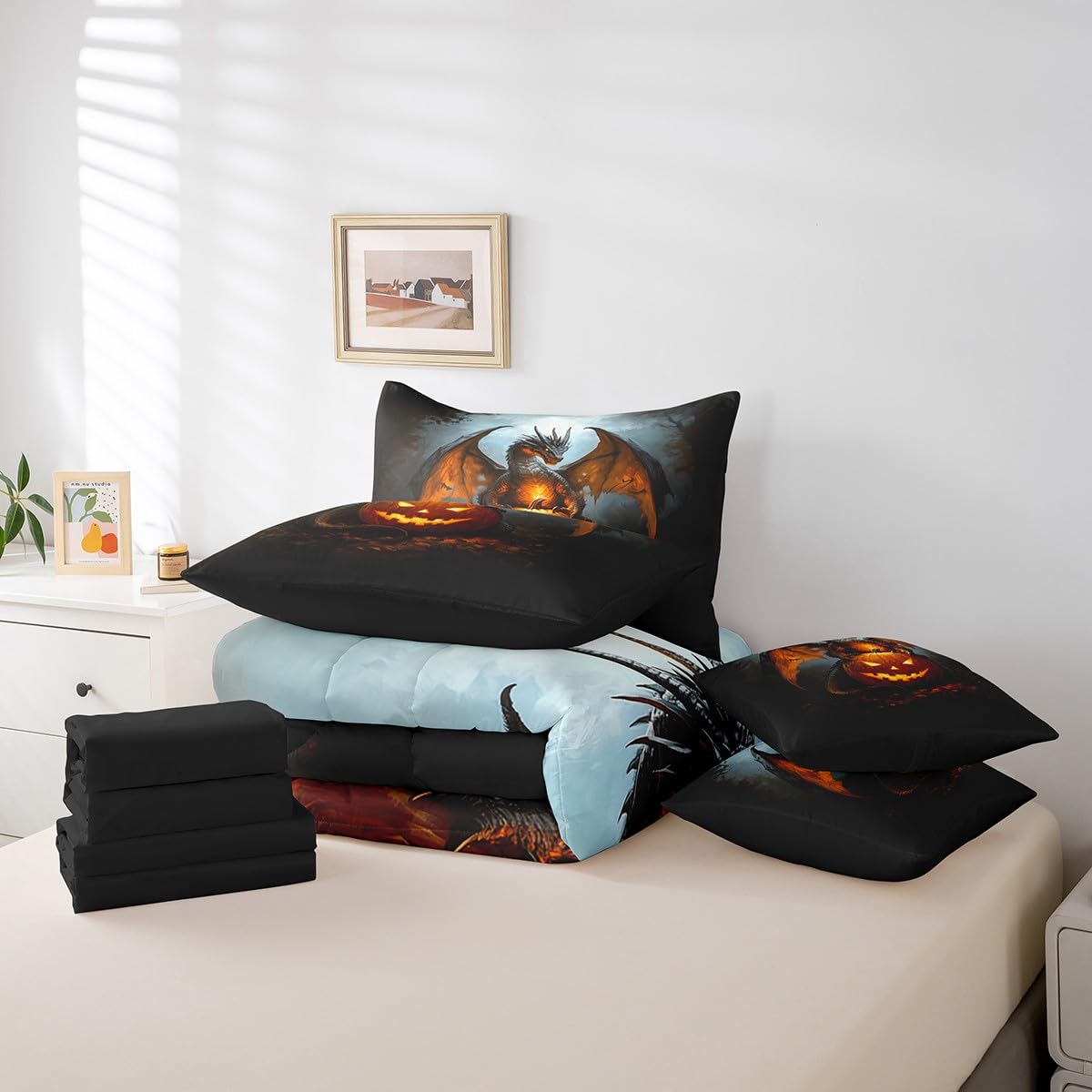 7 Pieces Halloween Pumpkin Dragon Comforter Set Queen,Moonlight Wild Animal Bed Set for Kids Boys Girls,Black Bedding(1 Comforter,1 Fitted Sheet,1 Flat Sheet,2 Pillowcases,2 Throw Pillow Cover)