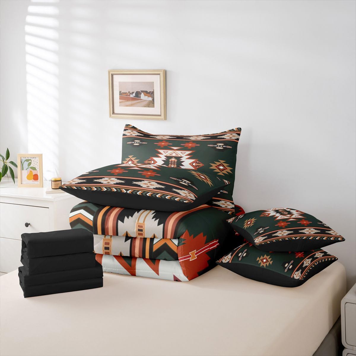 Erosebridal Western Twin Comforter Set with Sheets | Boho Decor Geometric 7 Piece Bedding Set Bohemian Aztec Bed in a Bag, Ethnic Tribal Arrow Room Decor,Green