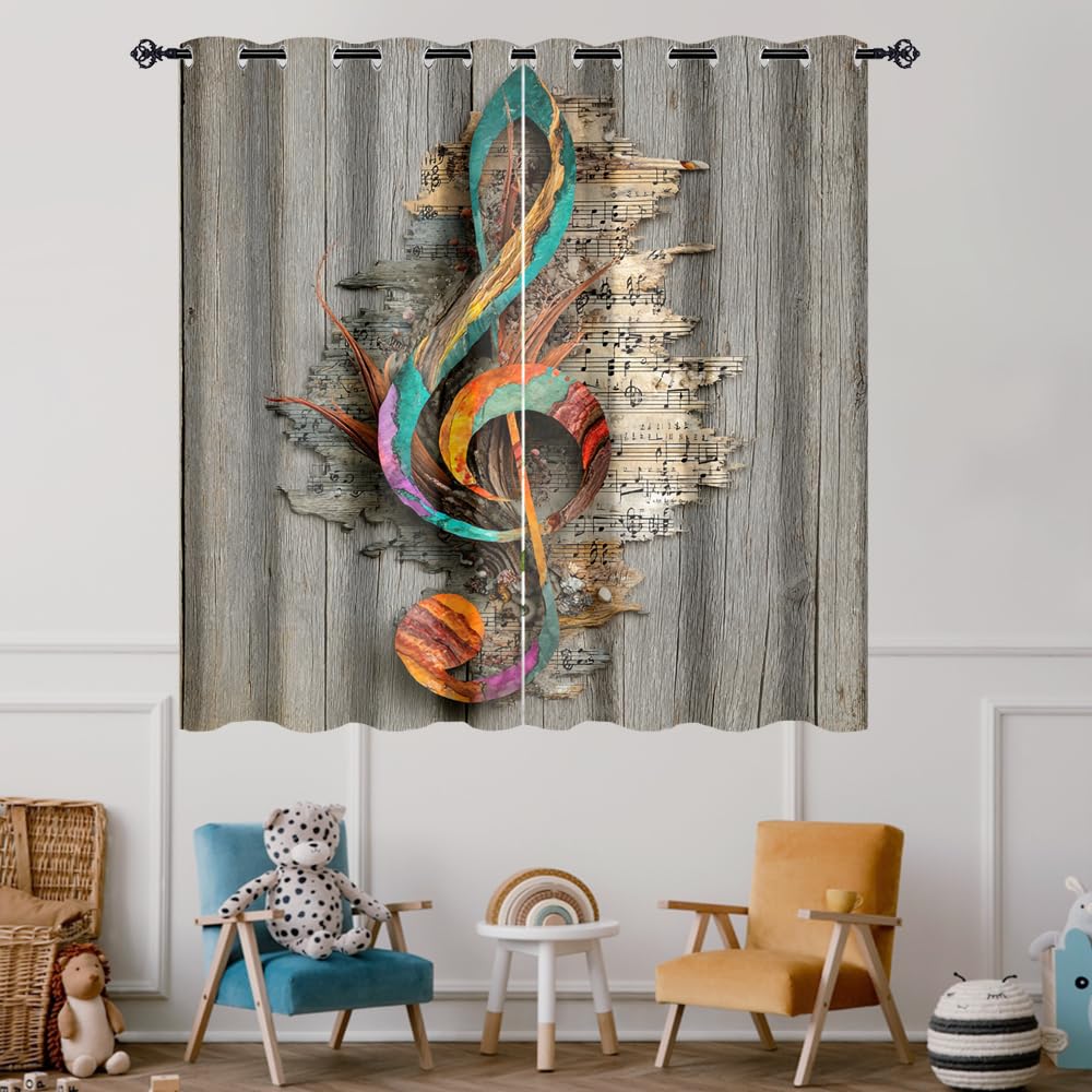 XSUPFLYM Classic Rustic Musical Note Art Window Blackout Curtains Beautiful Realistic Wooden Elegant Music Note Thermal Curtains Suitable for Bedroom 2 Panels.Each 21" W x 45" L