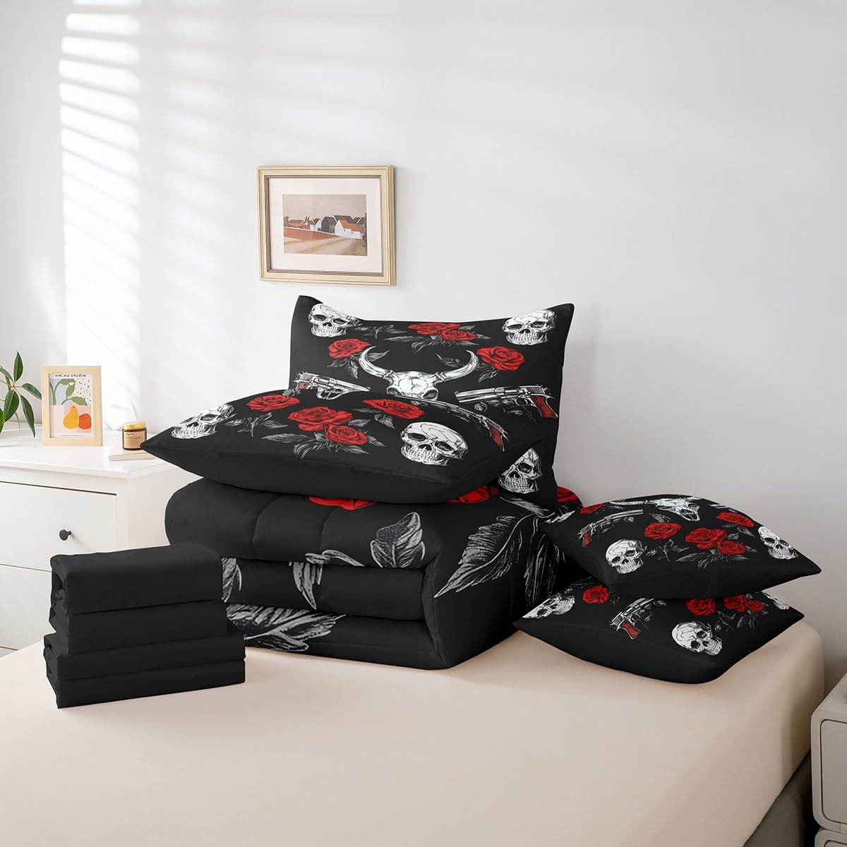 jejeloiu Cow Skull Comforter Set with Sheets Twin Size Kids Gothic Skull Skeleton 7 Pieces Bedding Set for Boys Girls Teens Rose Gun Bed in a Bag Breathable Western Bed Set Room Decor