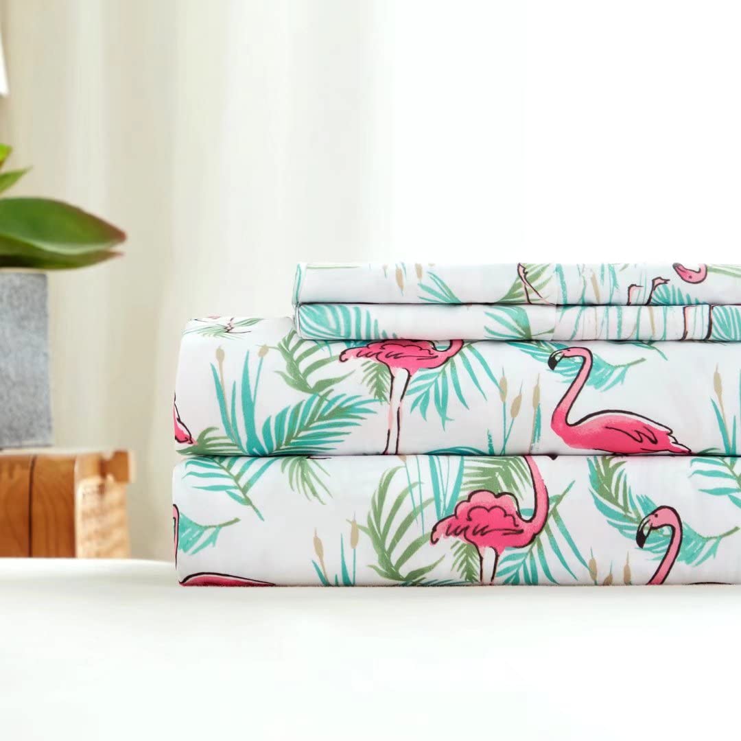KACEMOO King Sheets Set 4PC - Soft Cooling 1800 Thread Count Micro Boho Printed Bed Sheet, 17 Inch Deep Pocket Breathable, Wrinkle Free, Machine Washable Flamingo Plants Patterned Double Bedding