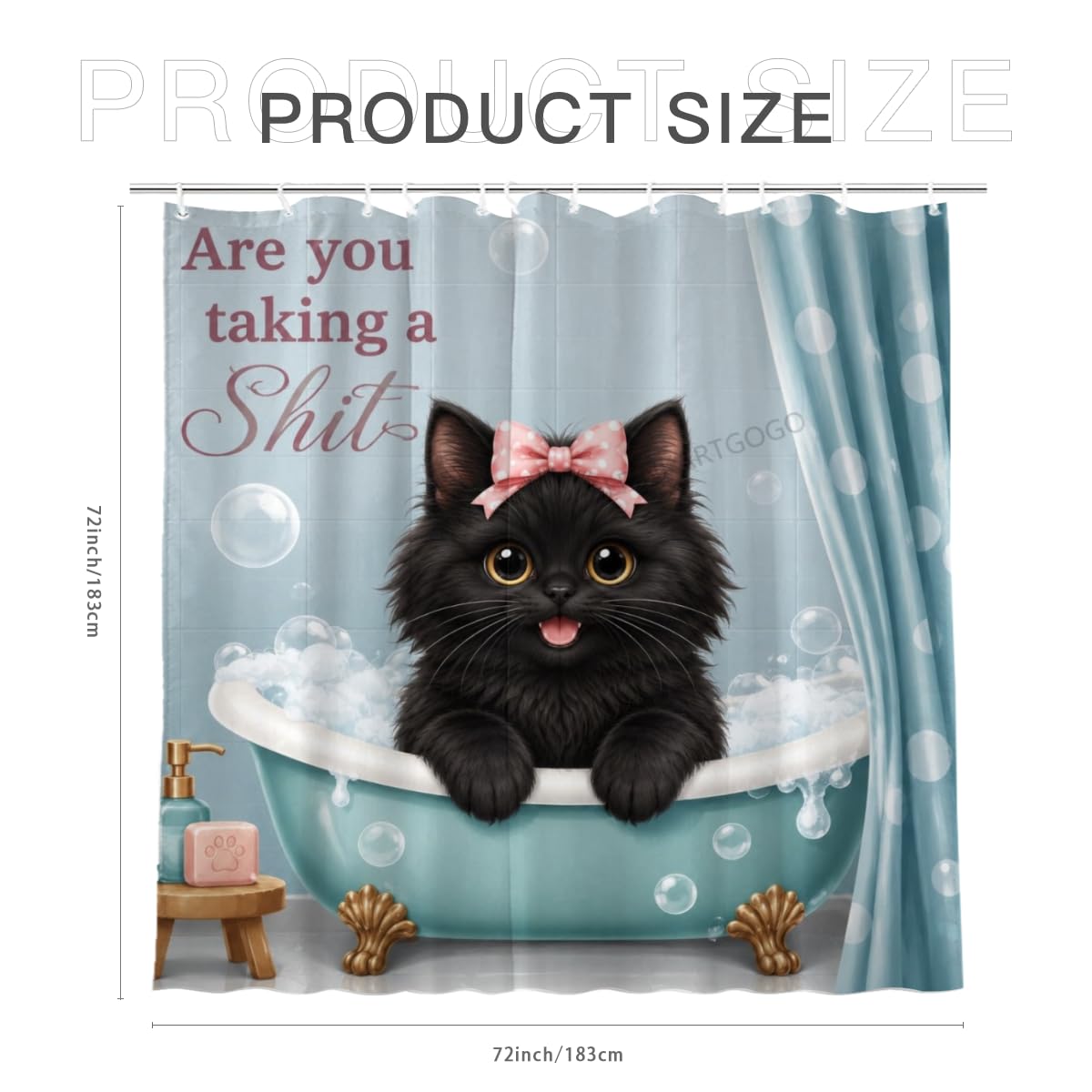 LFINKARTGOGO Cute Black Cat Shower Curtain 72x72 with 12 Hooks Bubble Bathtub Light Blue Waterproof Washable Polyester Bath Curtain for Home Hotel Decor