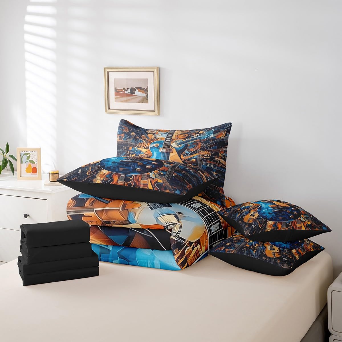 Feelyou Guitar Comforter Set with Sheets Queen Size Rock Music Bed in a Bag for Boys Girls Teens Blue Brown 7 Pieces Bedding Set Soft Lightweight Microfiber