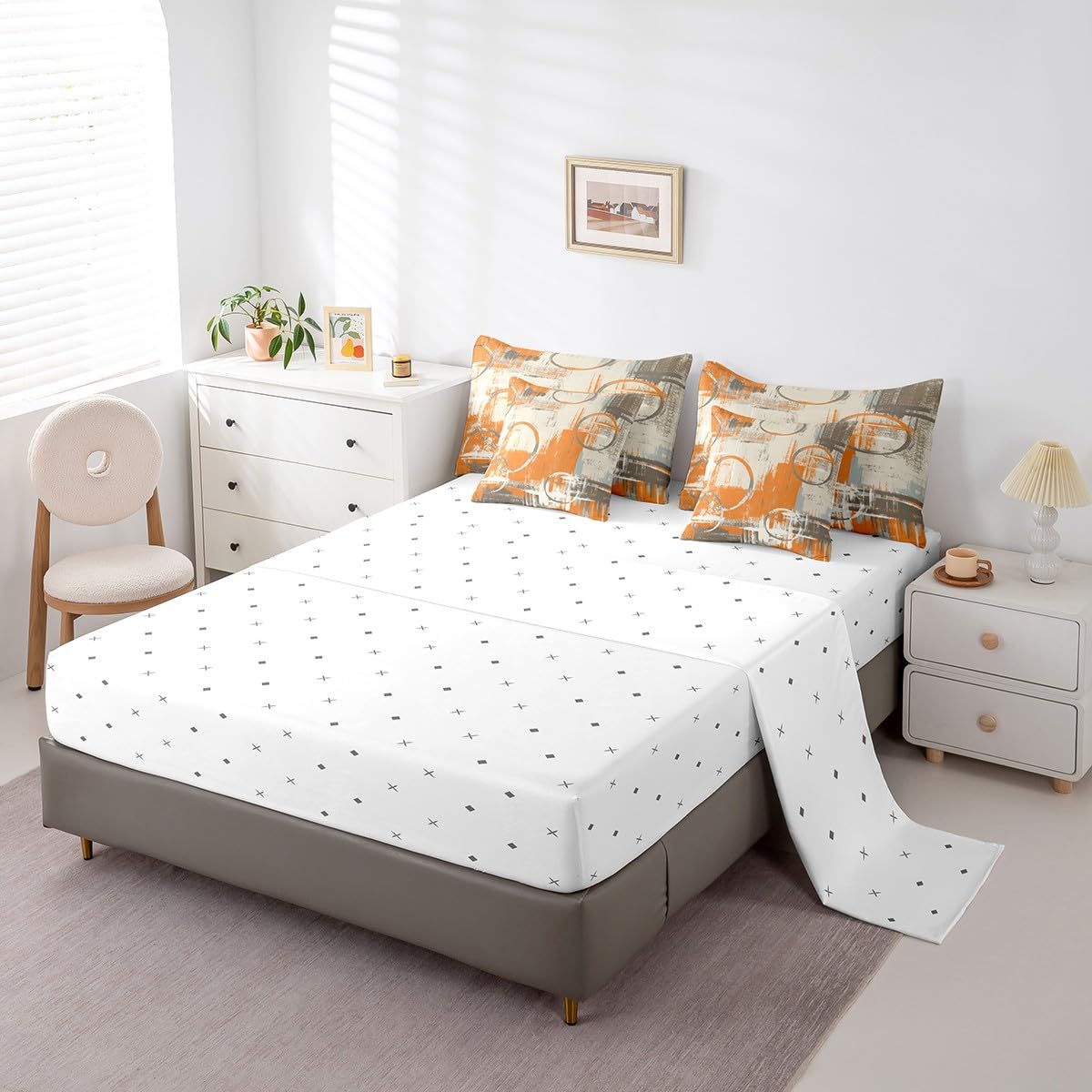 Feelyou Geometric 7 Piece Bedding Set Full Size for Kids Boys Girls Teens Toddler Modern Abstract Art Comforter Set with Sheets Orange Bed in a Bag Tie Dye Bed Set