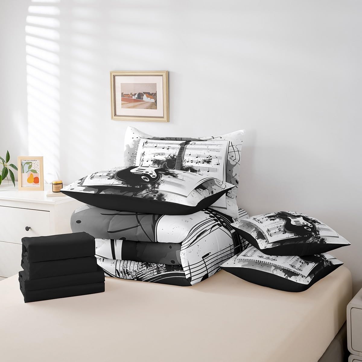 Feelyou Music 7 Pieces Bedding Set Queen Size Guitar Comforter Set with Sheets for Kids Boys Girls Rock Music Bed in a Bag Guitar Instruments Bed Set