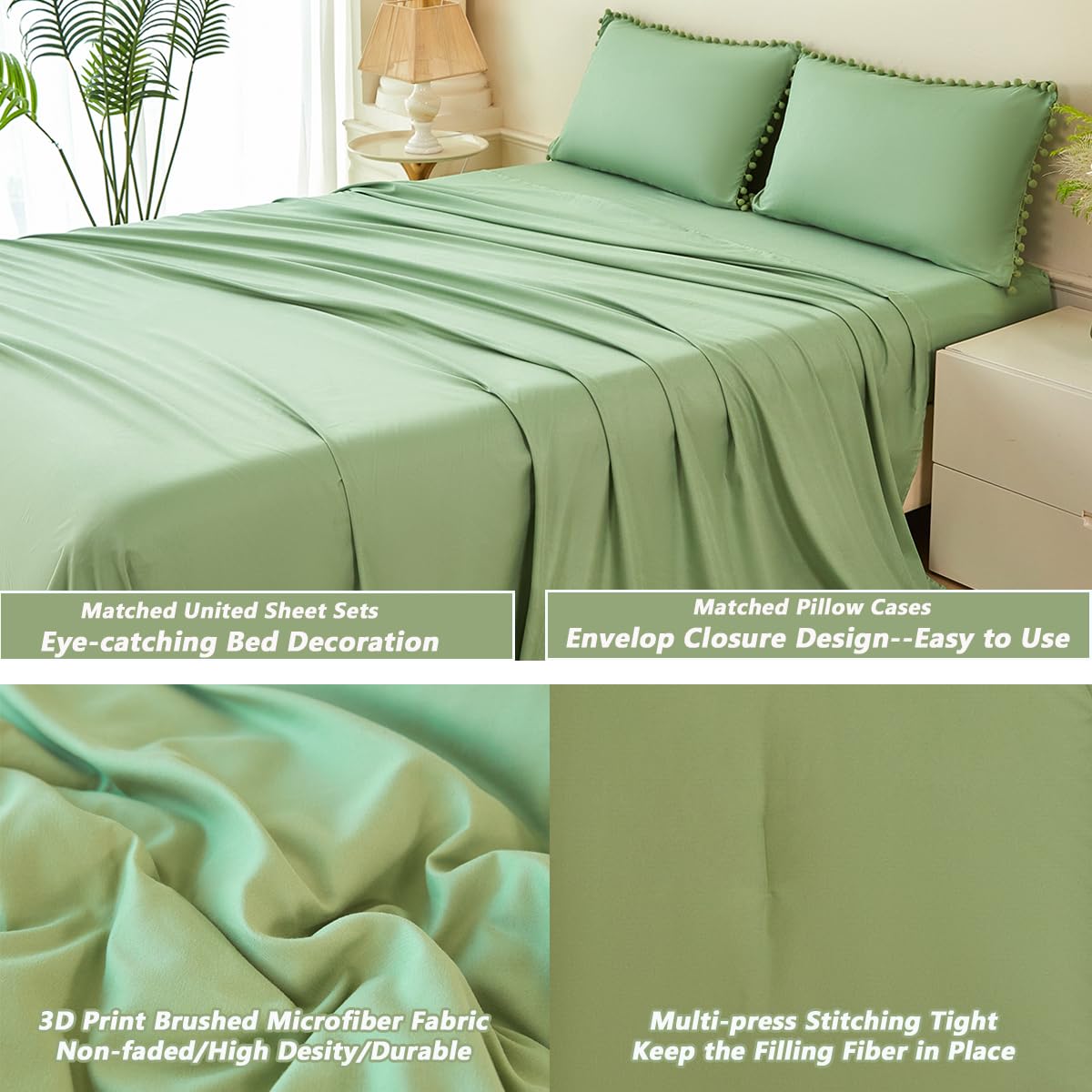 PERFEMET Green Bed in A Bag Twin Size 5 Pieces All Season Pom Pom Fringe Bedding Set for Girls Kids Soft Lightweight Boho Solid Comforter Set for Bedroom(Green, Twin)