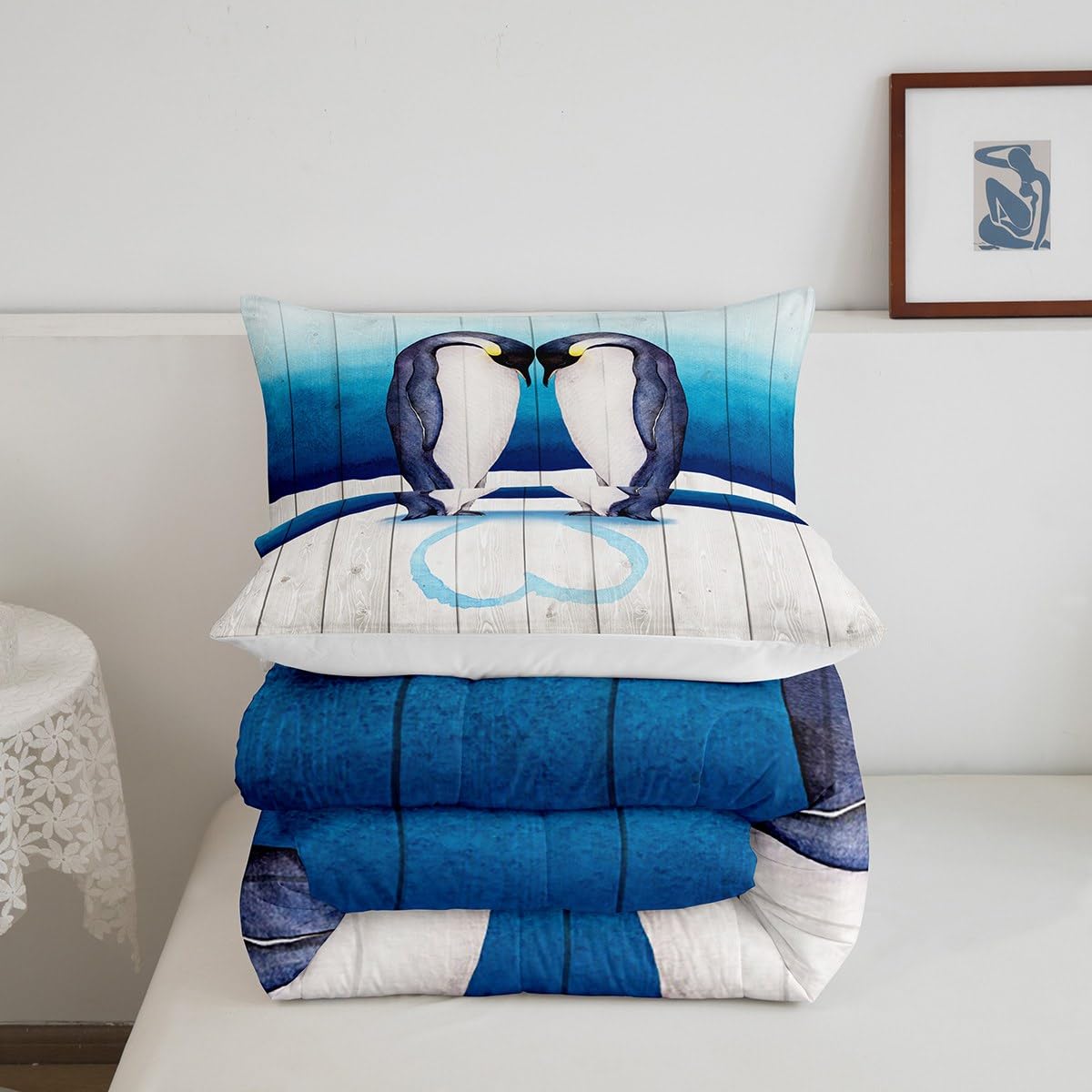 Homewish Couple Penguin Comforter Set,Antarctic Animals Bedding Set for Kids Girls Women,Adults Penguin Comforter,Blue and White Quilted Duvet Set Bedroom Collection Twin Size 2Pcs