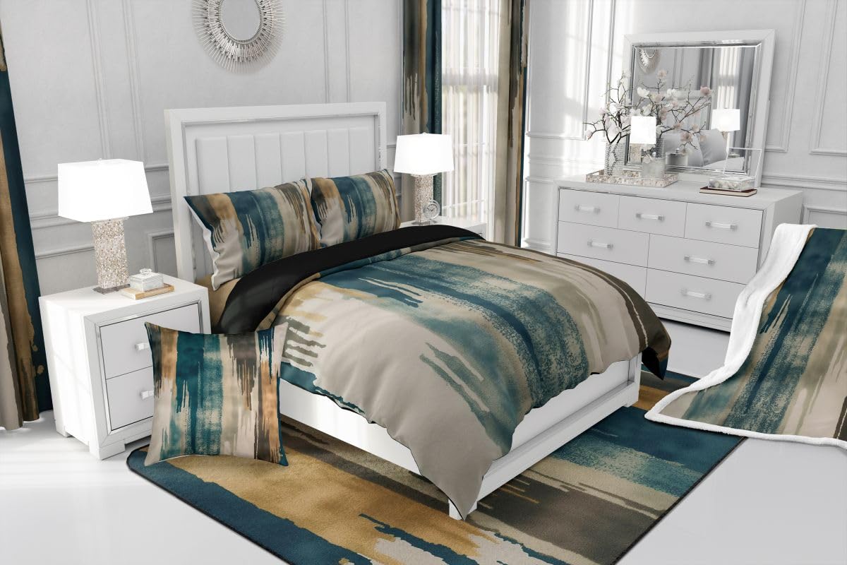 jejeloiu Blue Brown Abstract Kids Comforter Set Queen Size Modern Art Bedding Set Splash Ink Abstract Duvet Quilt for Kids Boys Girls Bedroom Luxury Decor Microfiber Ultra Soft Breathable