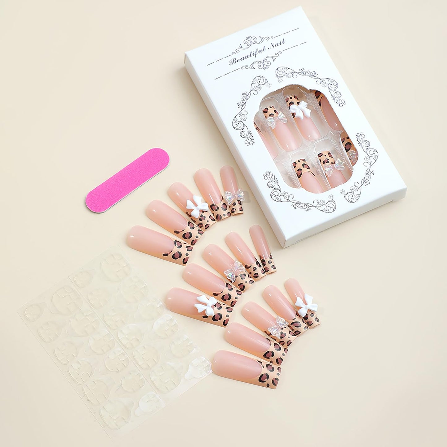24 Pcs French Press on Nails Long RTKHFZE Square Nude Fake Nails with Leopard Designs False Nails Bow Charms Full Cover Artificial Nails Stick on Nail for Women Girls