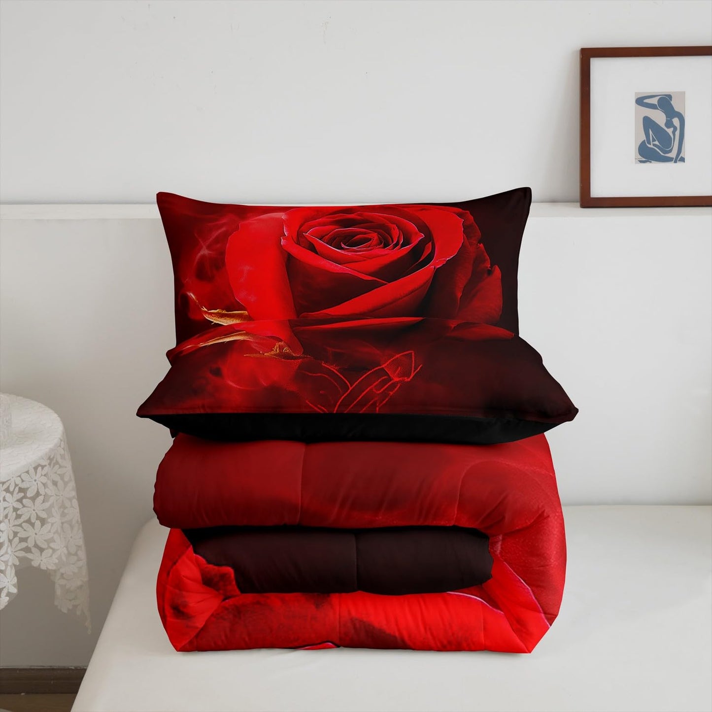 Erosebridal Valentine's Day Comforter Set Queen,Black Red Rose Floral Bedding Sets for Girls Women,Elegant Flowers 3D Print Quilt Set Soft Luxury Microfiber 3Pcs Quilted Comforter with 2 Pillow Shams