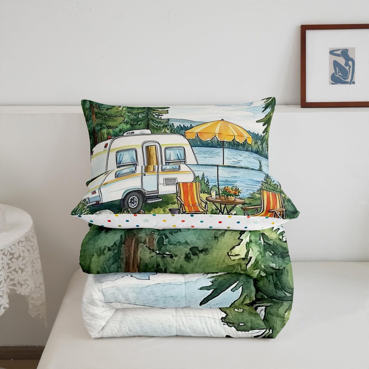 Erosebridal Camper Rv Car Bedding King,Happy Camping Comforter Set Travel Trailers Bed Sets Watercolor Painting Theme Duvet Insert 3 Pieces