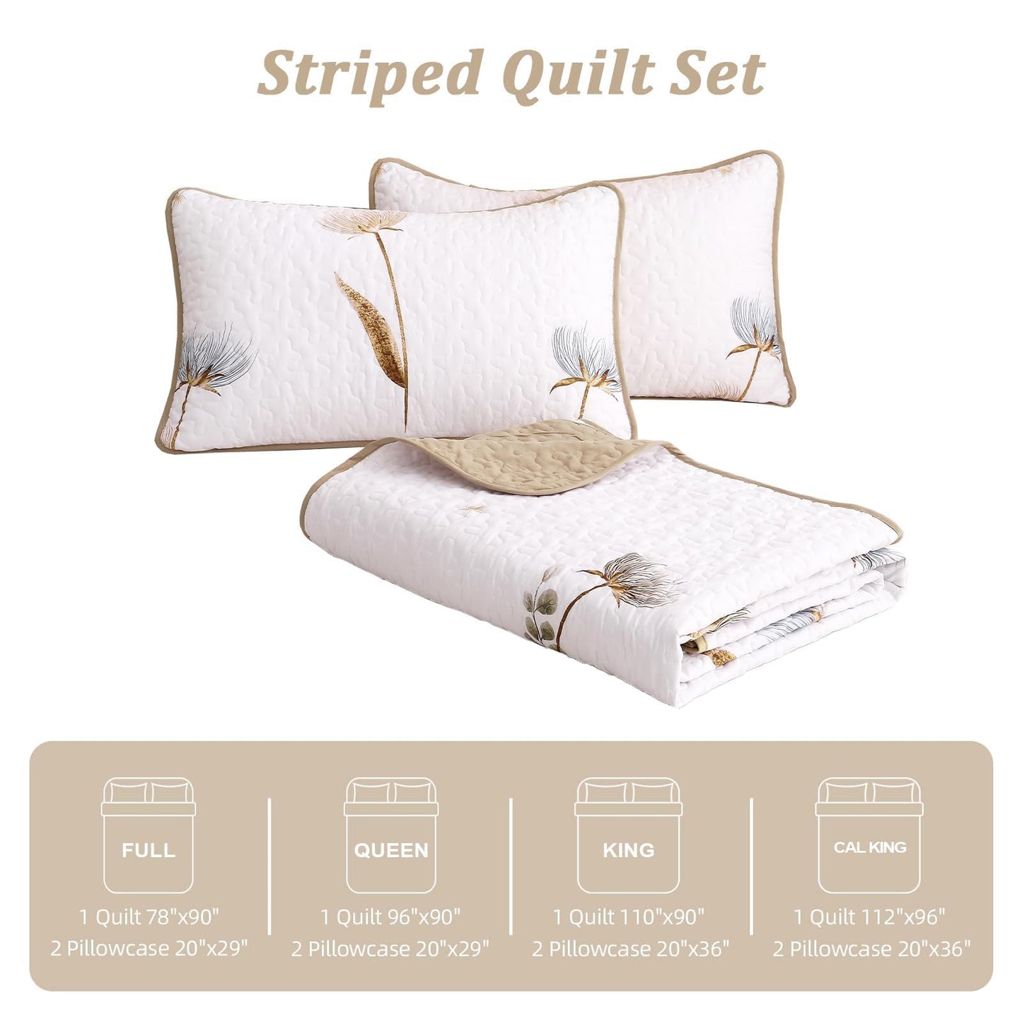 Dinjoy Floral Quilt Set Queen,Beige/Khaki Bedspread Queen Size 3 Pieces Lightweight Fall Quilts Microfiber Farmhouse Bedding Set Soft Flower Bedspreads White Coverlet Sets for All Seasons
