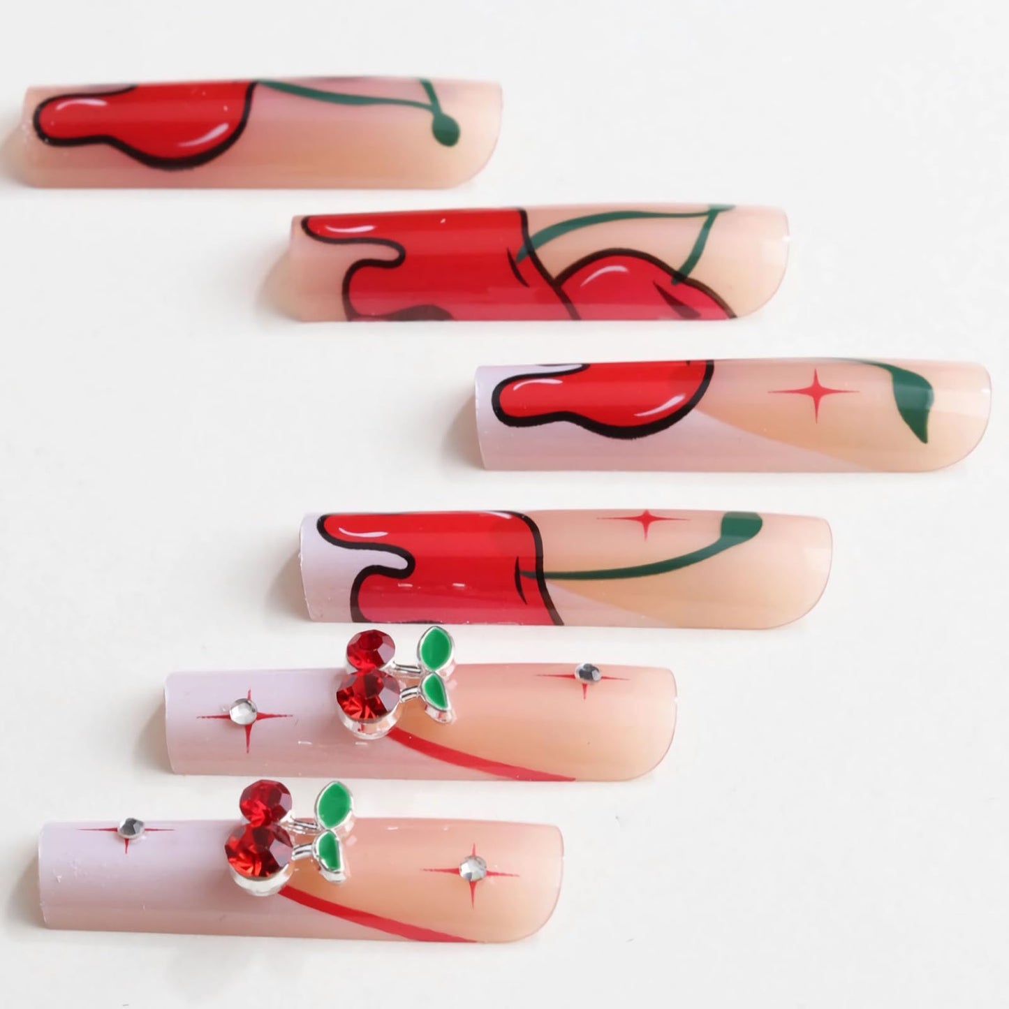 MISUD Press on Nails - Extra Long Square Glue on Nails with White French Tip, Acrylic Cherry Rhinestone Design 24 pcs