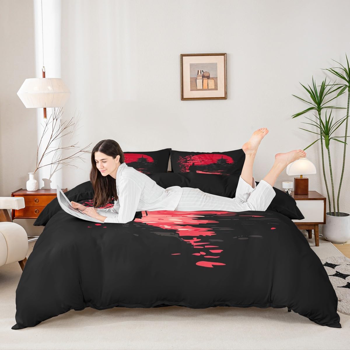 Erosebridal Samurai Bedding Set, Sunset Duvet Cover, Japanese Samurai Quilt Cover, Scenery Silhouette Comforter Cover, Room Decoration for Men (1 Duvet Cover with 2 Pillow Cases),Full Size